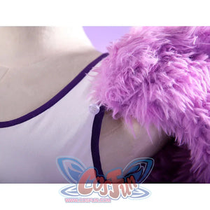 Robin cosplay close-up of white top neckline with pink fur wrap shoulder detail and snap closure