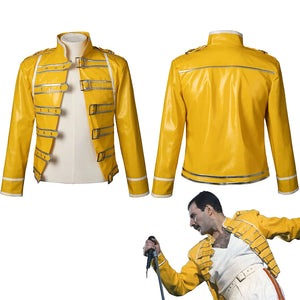 Rock Band Queen cosplay jacket featuring yellow faux leather with front and back view details