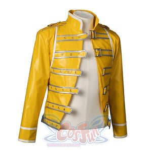 Rock Band Queen cosplay jacket angled view showing silver-trimmed straps across the yellow faux leather