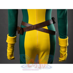 Rogue cosplay back view of yellow-green bodysuit lower half with belt, pouches, and yellow gloves