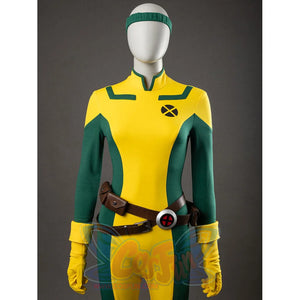 Rogue cosplay full front view with yellow-green bodysuit, X-Men logo, belt, and yellow gloves
