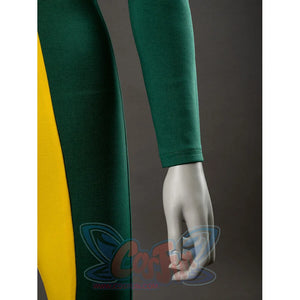 Rogue cosplay closeup of yellow and green bodysuit pants leg showing fabric seam detail