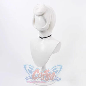 Hazbin Hotel Rosie cosplay wig, short silver hair, back view of updo hairstyle on a white mannequin