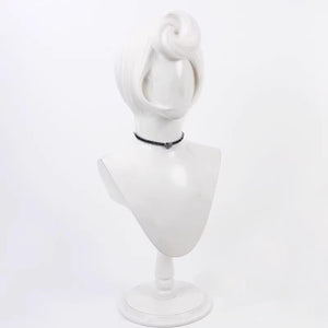 Hazbin Hotel Rosie cosplay wig, short silver hair, side view showing updo style on a mannequin