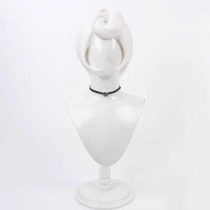 Hazbin Hotel Rosie cosplay wig, short silver hair styled in an updo, on a white mannequin
