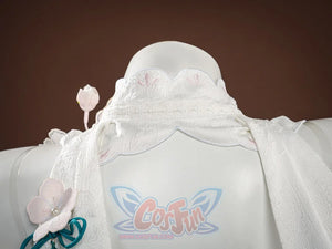 Ruan Mei cosplay costume back neckline showing white scalloped lace collar with pink embroidered plum blossoms.