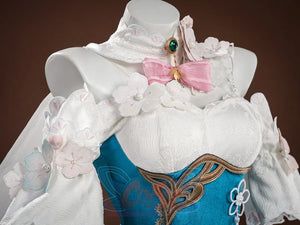 Ruan Mei cosplay costume bust view showing white collar, green gem brooch, pink bow, white floral sleeves, and teal bodice.