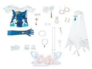 Ruan Mei cosplay complete costume set flat lay with all pieces and accessories organized display