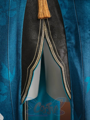 Ruan Mei cosplay costume front slit showing black inner panel with gold-trimmed chevron design and a gold tassel at the top.