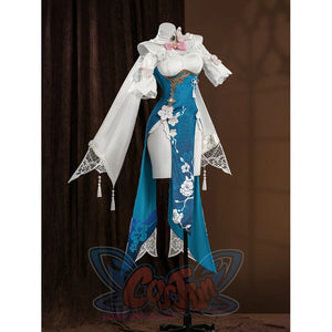 Ruan Mei cosplay costume on a mannequin, front view showing full-length teal dress with white collar and wide lace sleeves.