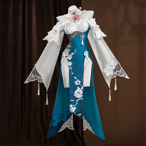 Ruan Mei cosplay costume displayed on a mannequin, featuring a teal dress with white floral sleeves and pink flower details.
