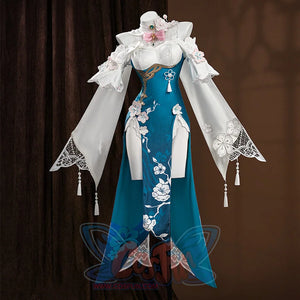 Ruan Mei cosplay costume displayed on a mannequin, featuring a teal dress with white floral sleeves and pink flower details.
