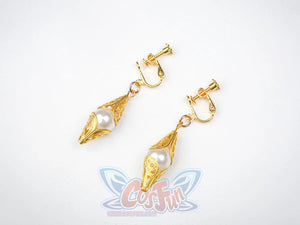Ruan Mei cosplay costume gold filigree diamond-shaped clip earrings with a pearl bead center, shown on a white background.