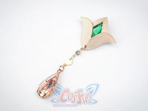 Ruan Mei cosplay costume gold leaf brooch with a green diamond gem and rose gold teardrop pendant hanging below.