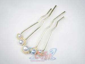 Ruan Mei cosplay costume gold U-shaped hair pins with pearl tops in beaded gold settings, shown on a white background.
