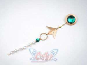 Ruan Mei cosplay costume accessory set including a green gem gold brooch, gold leaf charm, and pearl bead chain bracelet.