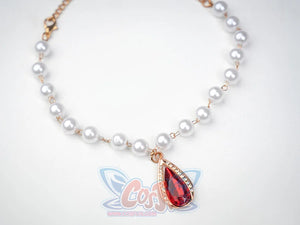 Ruan Mei cosplay costume pearl bead bracelet with a gold teardrop pendant featuring a large red gemstone and crystal trim.