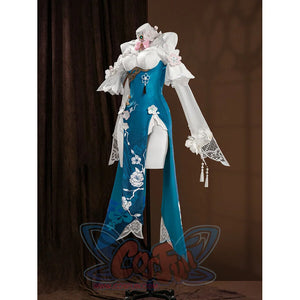 Ruan Mei cosplay costume on a mannequin, side view showing the teal dress and white lace sleeves with floral embroidery.