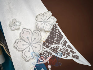 Ruan Mei cosplay costume white sleeve with embroidered plum blossoms, pearl bead trim, and floral lace at the border.