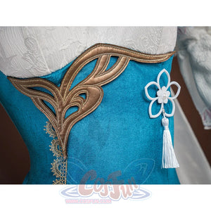 Ruan Mei cosplay costume waist detail showing gold leaf embroidery on teal bodice with a white floral ornament and tassel.