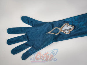 Ruan Mei cosplay costume teal glove laid flat with a gold embroidered heart-shaped applique on the back of the hand.