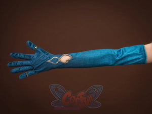 Ruan Mei cosplay costume teal glove worn on extended arm, featuring a gold heart patch on the back and gold ring detail.
