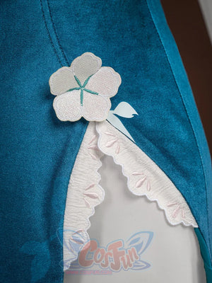 Ruan Mei cosplay costume teal skirt slit showing a white flower ornament and scalloped lace trim lining the opening.