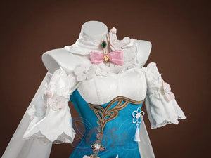 Ruan Mei cosplay costume torso view with white collar, green brooch, pink bow, teal bodice, gold trim, and floral sleeves.
