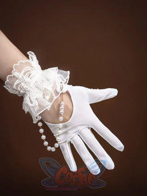 Ruan Mei cosplay costume white short glove with a wide ruffled lace cuff and pearl bead chain draped across the hand.