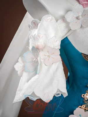 Ruan Mei cosplay costume white lace sleeve detail with multiple pink plum blossom flower appliques featuring pearl centers.