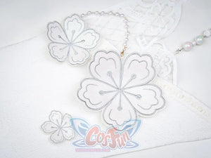 Ruan Mei cosplay costume white plum blossom fabric applique patches with silver embroidery, shown with a pearl bead chain.