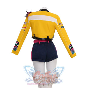 Rumi cosplay costume from KPop Demon Hunters HUNTR/X, featuring a yellow cropped jacket, white crop top, and denim shorts in a bold streetwear style.