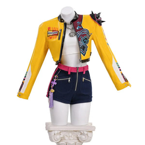 Rumi cosplay costume from KPop Demon Hunters HUNTR/X, featuring a yellow cropped jacket, white crop top, and denim shorts in a bold streetwear style.