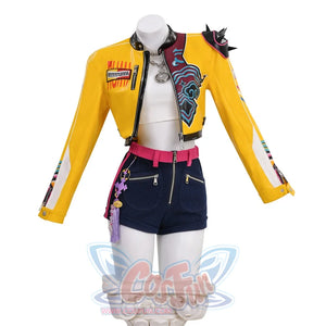 Rumi cosplay costume from KPop Demon Hunters HUNTR/X, featuring a yellow cropped jacket, white crop top, and denim shorts in a bold streetwear style.