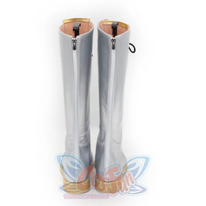Rear display of Rumi cosplay boots, emphasizing the zippers, silver finish, and beige soles.