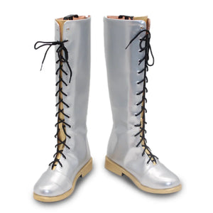 Front display of silver - colored Rumi cosplay boots with black laces and beige soles, showcasing the tall, lace - up design.