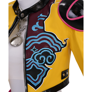 Rumi Cosplay Costume, features blue cloud pattern embroidery, left side of coat.