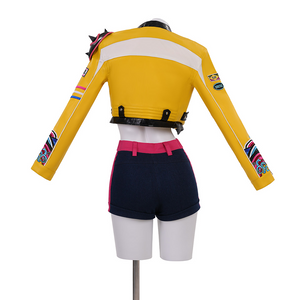 Rumi Cosplay Costume, main color are yellow and black, with some embroidery, back view.