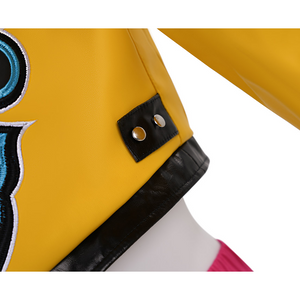 Rumi Cosplay Costume, black PU leather squares are stitched along the sides, with two buttons sewn on them.