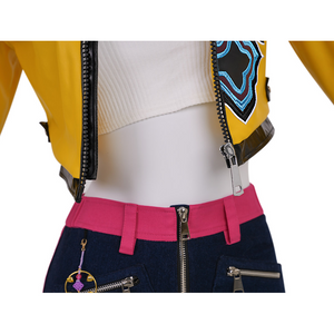 Rumi Cosplay Costume, features a silver metallic closed-end zipper.