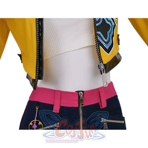 Rumi Cosplay Costume, features a silver metallic closed-end zipper.