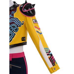 Rumi cosplay costume, it features embroidered patterns on the sleeves.