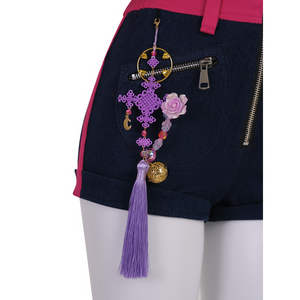 Rumi cosplay costume, a purple decorative charm hangs from the shorts.