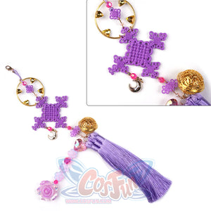 Rumi cosplay costume, pendant featuring a purple ornament, small flowers, a gold medallion, and a lavender tassel.