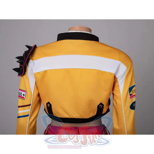 Back view of Rumi’s yellow cosplay jacket, highlighting the white stripe, black trim, and spiked shoulder pad.
