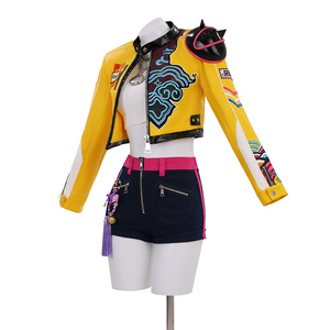 Rumi Cosplay Costume, yellow and black outfit with purple pendant, right side view.