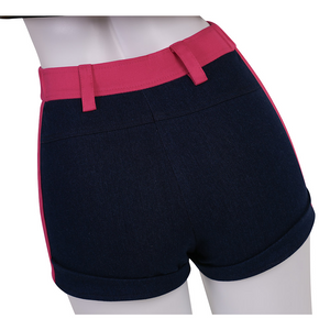 Rumi cosplay costume, the shorts are dark navy blue, paired with a rose red waistband.