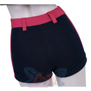 Rumi cosplay costume, the shorts are dark navy blue, paired with a rose red waistband.
