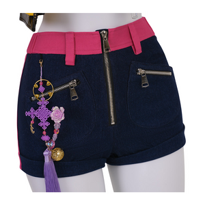 Rumi cosplay costume, rose red waist, they have front zipper and two pockets zipper on the shorts.