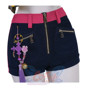 Rumi cosplay costume, rose red waist, they have front zipper and two pockets zipper on the shorts.